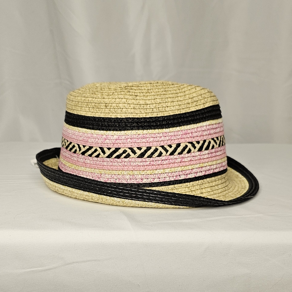 Stylish Women's Straw Fedora Hat with Pink and Black Accents